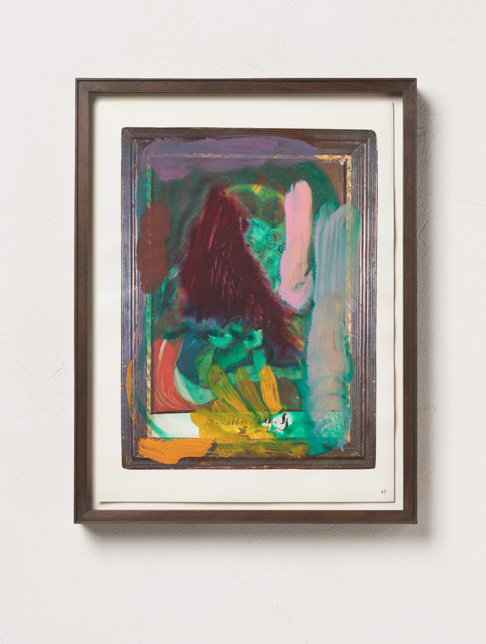 Peggy Franck Unititled (p. 43), 2025 Gouache on paper (bookpage) with walnut wood frame