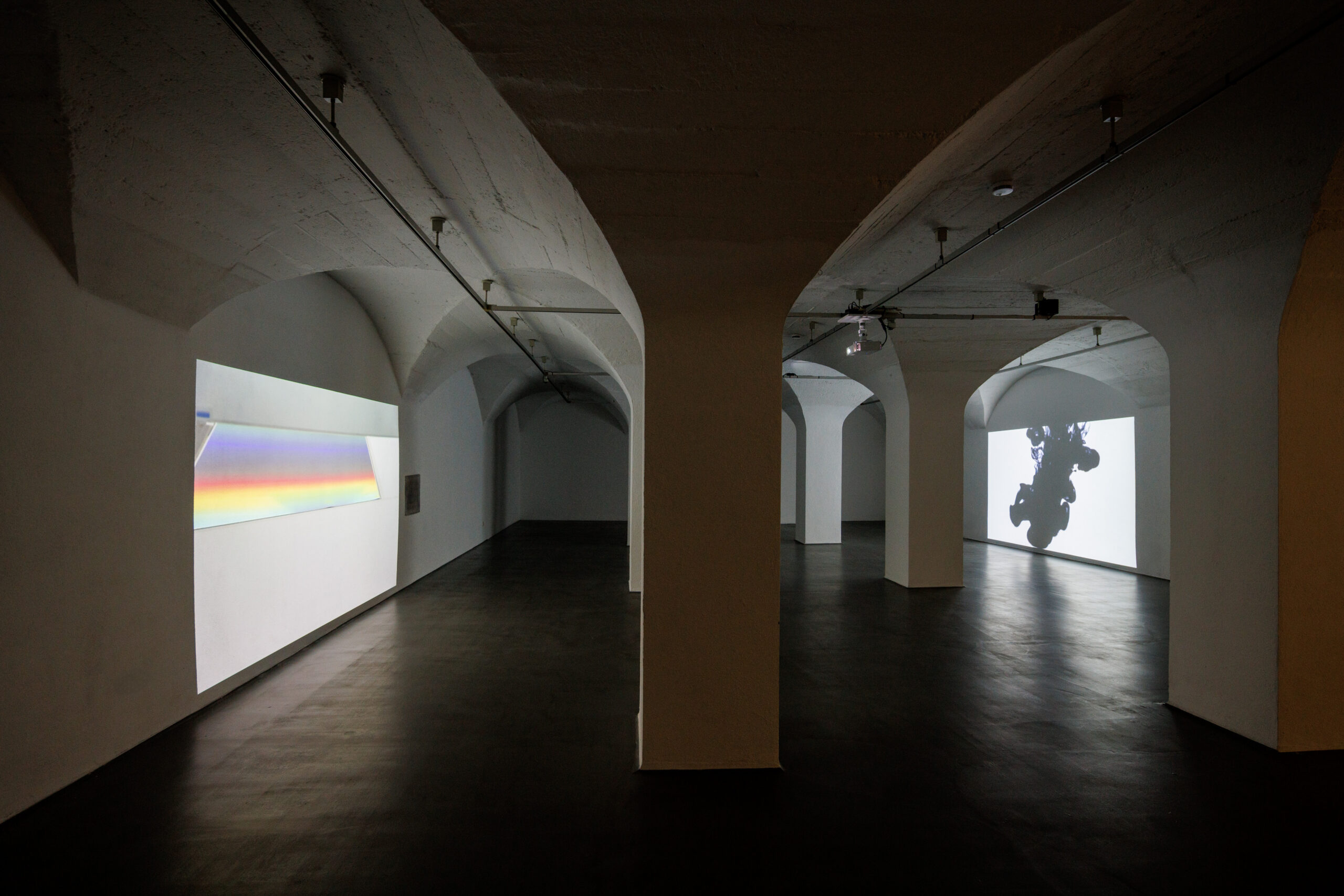 Installation view: delirious mantra, Anna Barham, Badischer Kunstverein, Karslruhe, (Double Screen)
